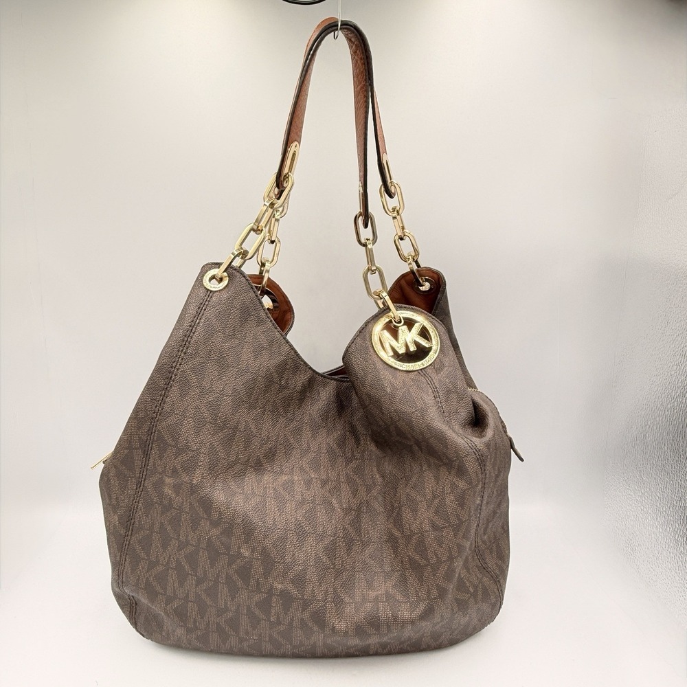Michael Kors Fulton MK Monogram Hobo Bag Brown Chain Strap Shoulder Slouchy - Picture 4 of 16